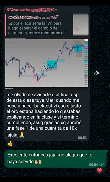 Mensaje de un alumno: aprobó la fase 1 de una cuenta de 10k gracias a una clase de Mati